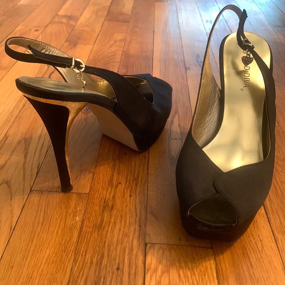 Black Satin peep-toe slingback platform sandals 8.5